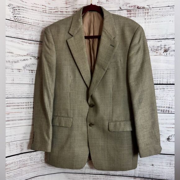 Lauren Ralph Lauren Blazer Mens Sz 40 Tan Houndstooth Sport Coat Silk Wool Blend - Picture 1 of 13